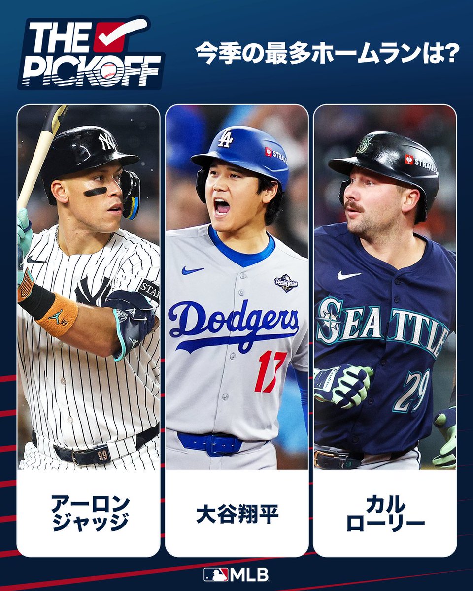 MLBJapan's tweet photo. 今年の両リーグ本塁打トップは？
#大谷翔平 やジャッジ、ローリーら有力候補が多数いる中、皆さんは誰が1位になると予想しますか？✍️
#ThePickOff https://t.co/Epw79lHbOG