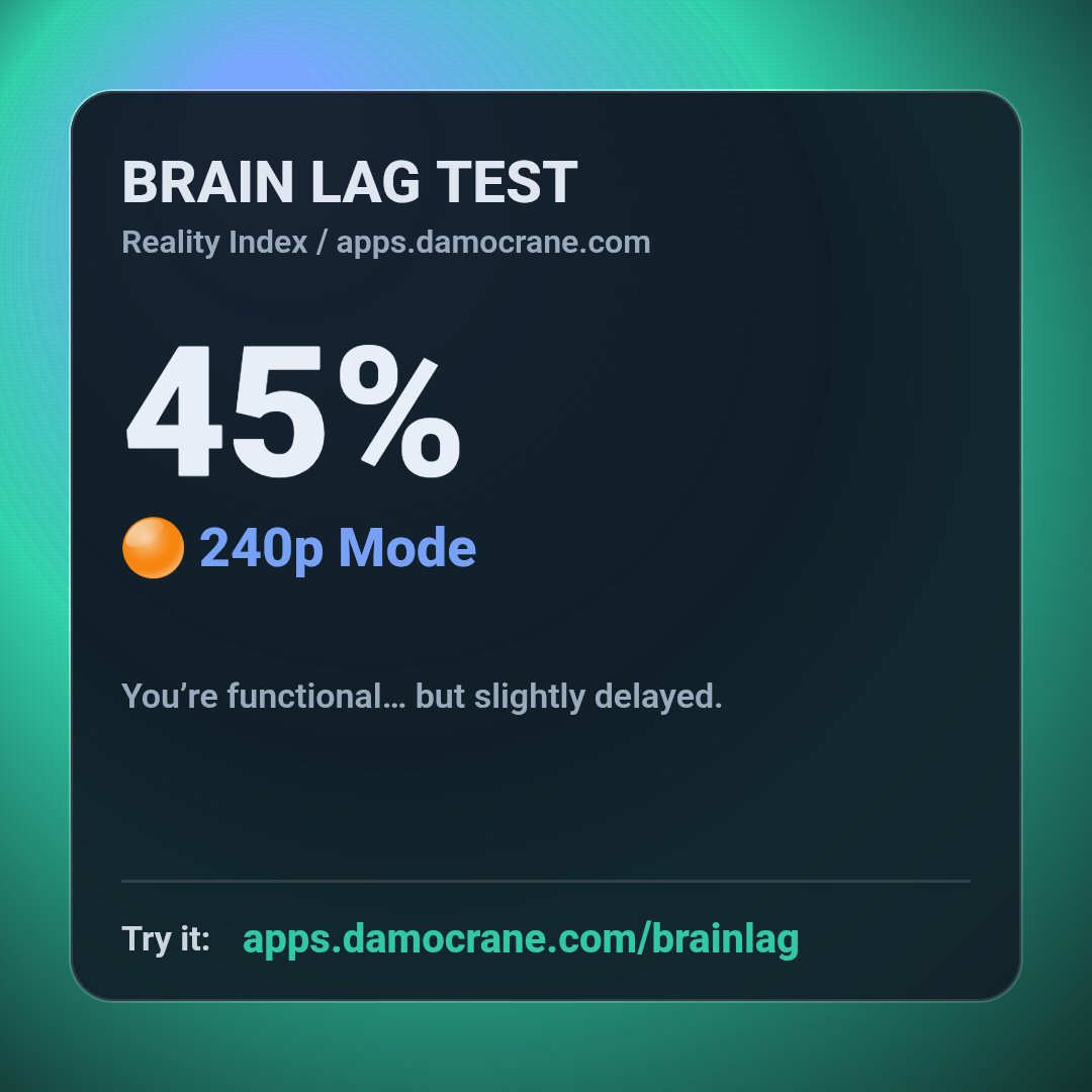 I scored 45% on Brain Lag Test (🟠 240p Mode). How delayed is your brain? apps.damocrane.com/brainlag

#indiedev #100daysofcode #BrainLag #webapp #webdev