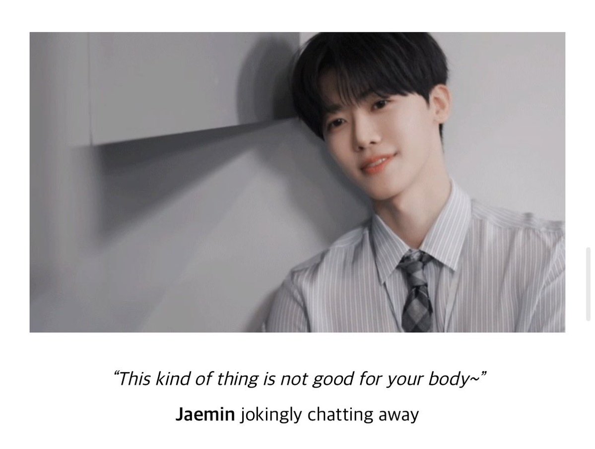 มันคือฟิค x you มากอะ แล้วให้ดูนิสัยแจมินกับโน่ ซึ่งต่างกันมากกก อย่างอันนี้คือเราหยิบขนมไม่ถึงเจโน่มาหยิบให้พร้อมกับยิ้มอ่อนโยนแล้วบอกว่าทานให้อร่อยนะคับ ส่วนแจมินมาแกล้งพุดว่าขนมแบบนี้ไม่ดีต่อสุขภาพเธอเลยนะ 5555555555 เขินว้อย😭😭😭