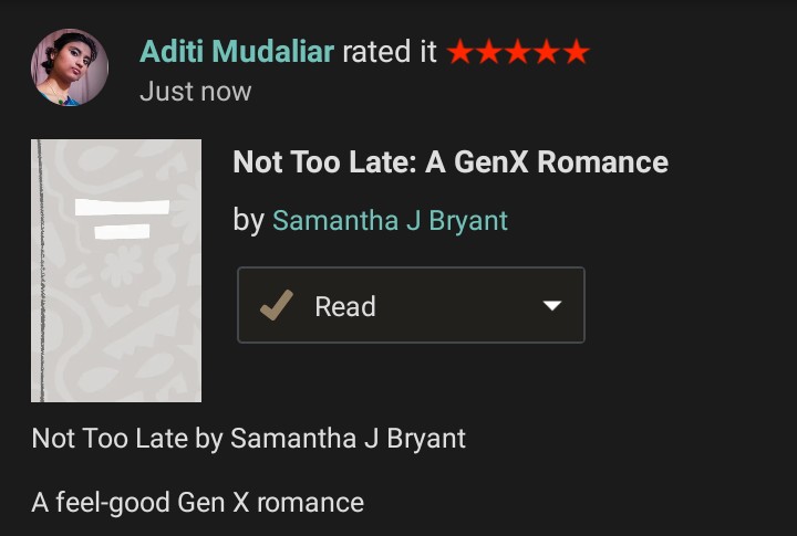 Aditi_Mudaliar_'s tweet photo. Just finished Not Too Late by @samanthabwriter and my heart is so full. 🥰🥰

As a younger reader, I loved this window into Gen X romance. Such a mature, refreshing take on second chances!

Full review live on Goodreads 😁

#NotTooLate #Bookish #RomanceReader #SecondChanceRomance https://t.co/OJPu8BuGLE