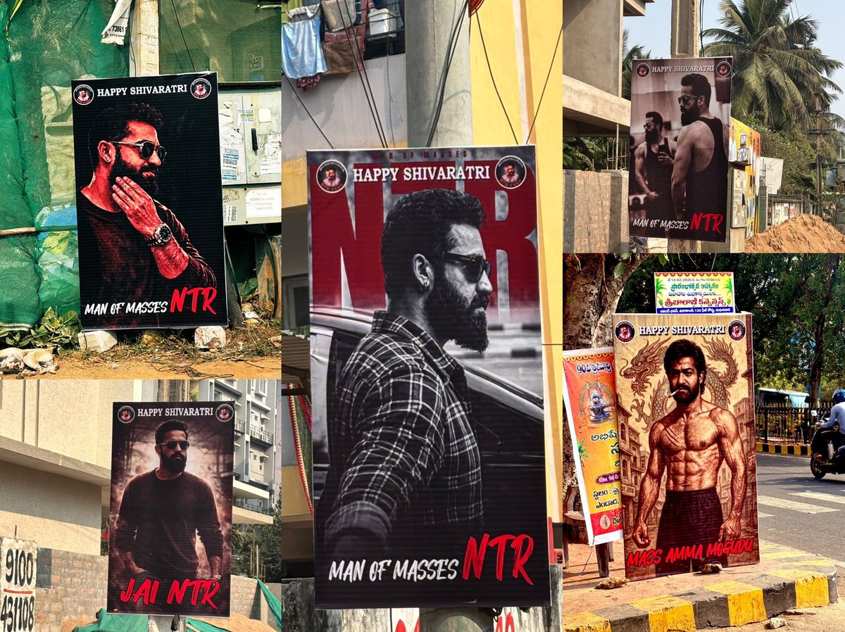 Special hoardings featuring #NTRNeel/#Dragon edits and the powerful offline look of #JrNTR are dominating everywhere this #Mahashivratri2026 🔥🔥🔥

A True Reflection of his unmatched stardom and craze. 👏👏
