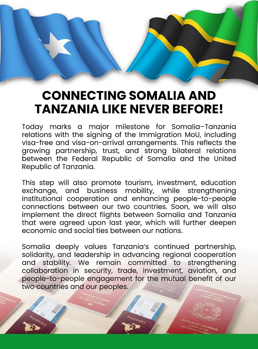 Congratulations! Today in Dar es Salaam, Somalia and Tanzania took a significant step forward in travel facilitation, cooperation, &amp; regional integration with the signing of the Visa on Arrival Immigration MoU.

CONNECTING SOMALIA AND TANZANIA LIKE NEVER BEFORE! <a href="/TheVillaSomalia/">Villa Somalia</a>