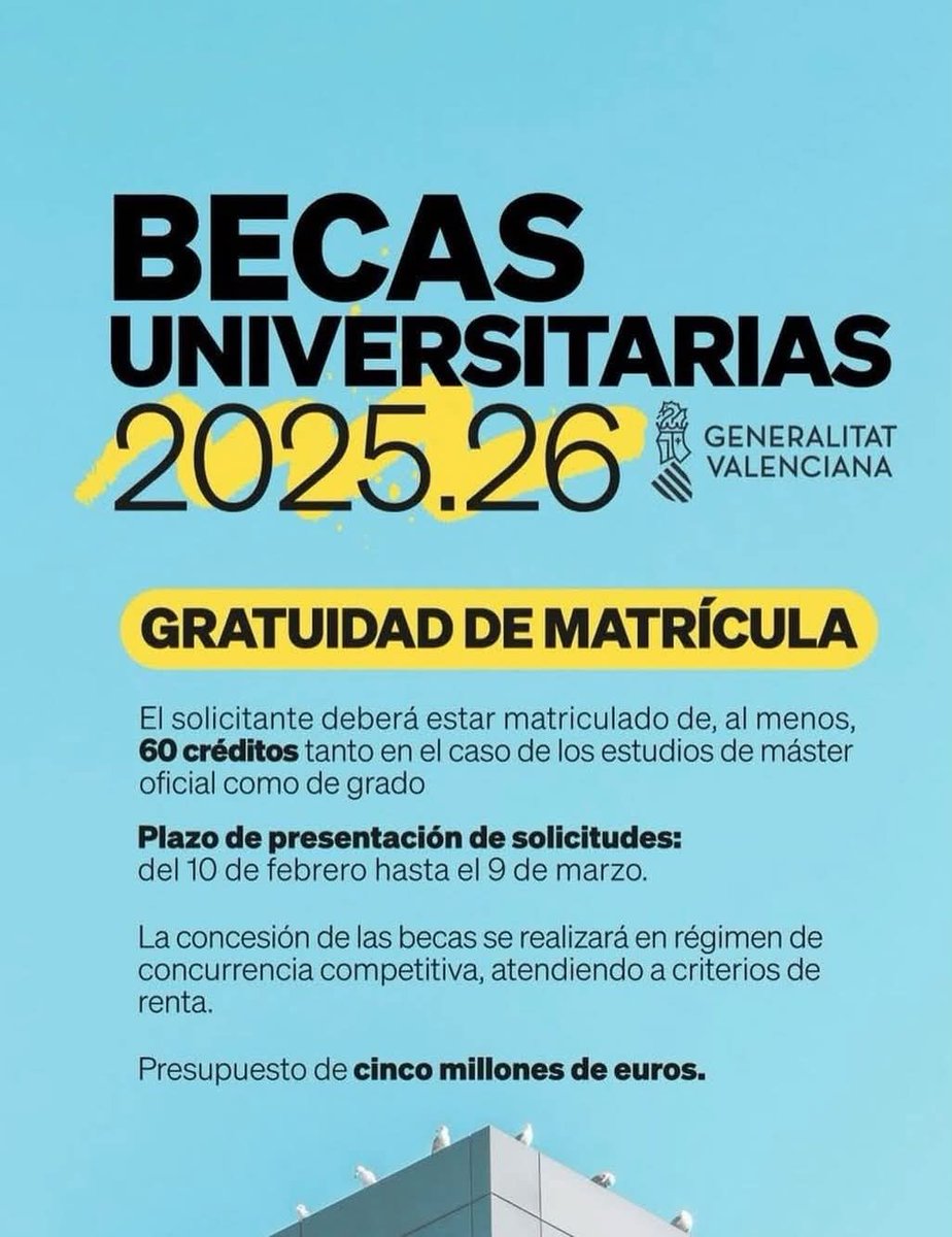 [CAS]🎓✨ Beca de exención de tasas universitarias 2025-2026 ✨🎓

📌 Dirigida al estudiante de grado y máster. 

📅 Del 10 de febrero de 2026 al 9 de marzo de 2026.

🔎 Más información (DOGV – signatura 2026/3770):
👉 dogv.gva.es/es/resultat-do…
