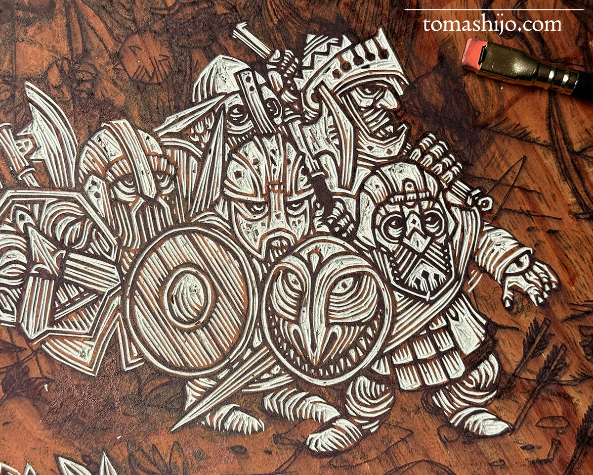 Ya estoy tallando (entusiasmado) mi nuevo grabado: "The final battle", una pieza de más de un metro de largo donde reúno mis arquetipos favoritos de la fantasía épica. Vamos a verlos a medida que los voy grabando:
INFANTERÍA PESADA ENANA: Los he diseñado como guerreros...
HILO->