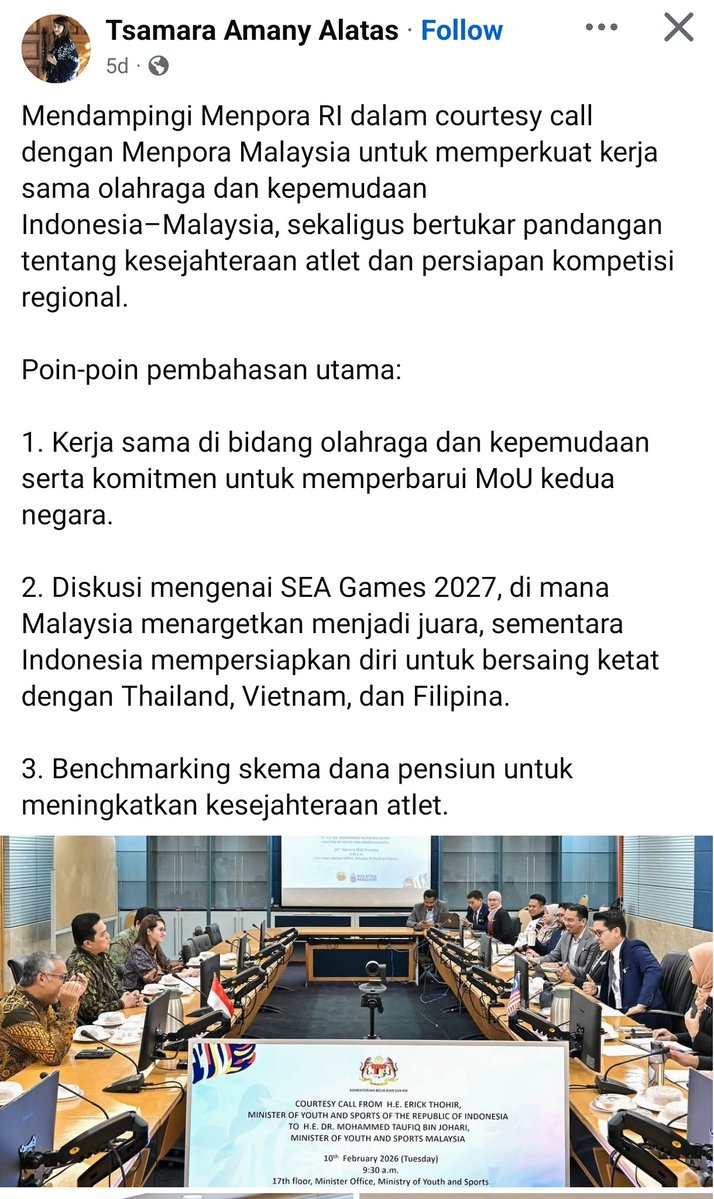 Poin No.2 agak aneh sebagai pembahasan di forum resmi.

Artinya sudah ada ancang2 Malaysia, peringkat 4 SEA Games '25, bakal jd juara umum SEA Games '27. 

Sedangkan Indonesia mempersiapkan diri agar bisa bersaing dgn 3 negara lain utk jadi runner-up? 

Luar biasa blak2annya..