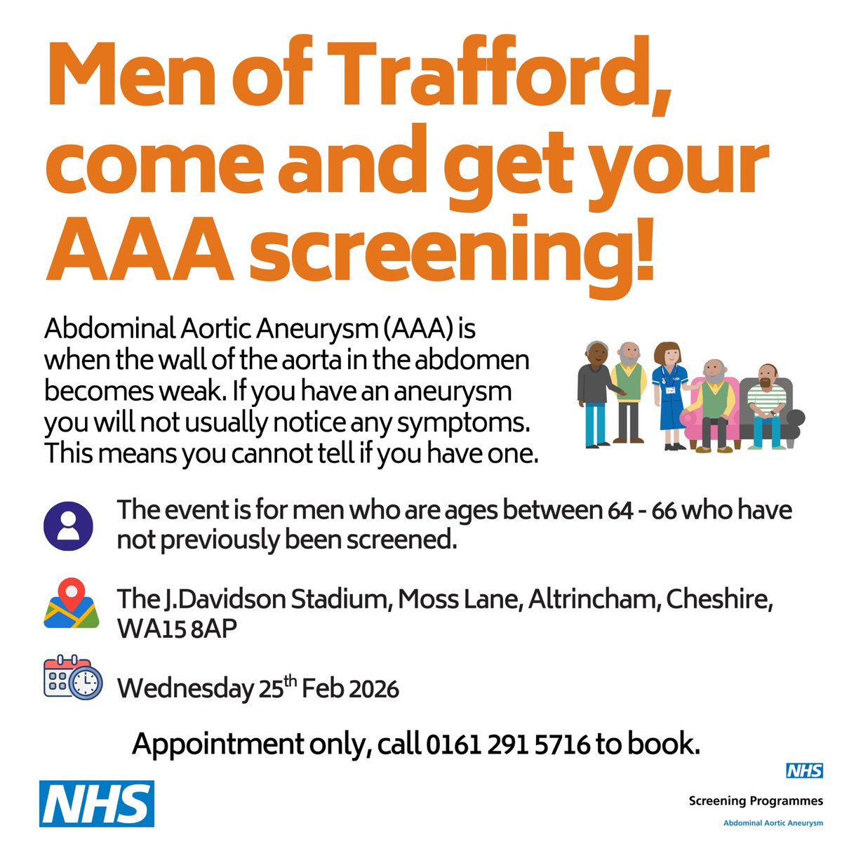 There’ll be an Abdominal Aortic Aneurysm (AAA) screening event in Trafford in partnership with Altrincham FC ❤️

As you may know, AAA is a condition that usually has no symptoms and can be life-threatening if not detected early. 

The screening will be offered to eligible men