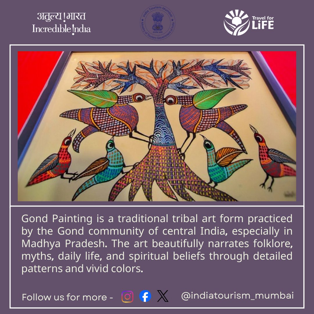 IndiatourismM's tweet image. Gond Paintings 🎨
Mythological stories woven through dots, lines &amp;amp; vibrant colors.
A timeless tribal art from central India that keeps folklore alive through every brushstroke.

@tourismgoi @incredibleindia
#DekhoApnaDesh #IncredibleIndia #GondArt #TribalHeritage