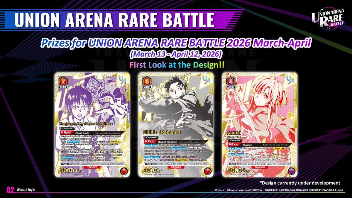 UNIONARENA_EN New Info!] RARE BATTLE 2026 March is coming soon!  Here's  your chance to win stunning UNION RARE Cards featuring:  #evangelion   #KAGURABACHI  #SwordArtOnline Stay tuned so you don't