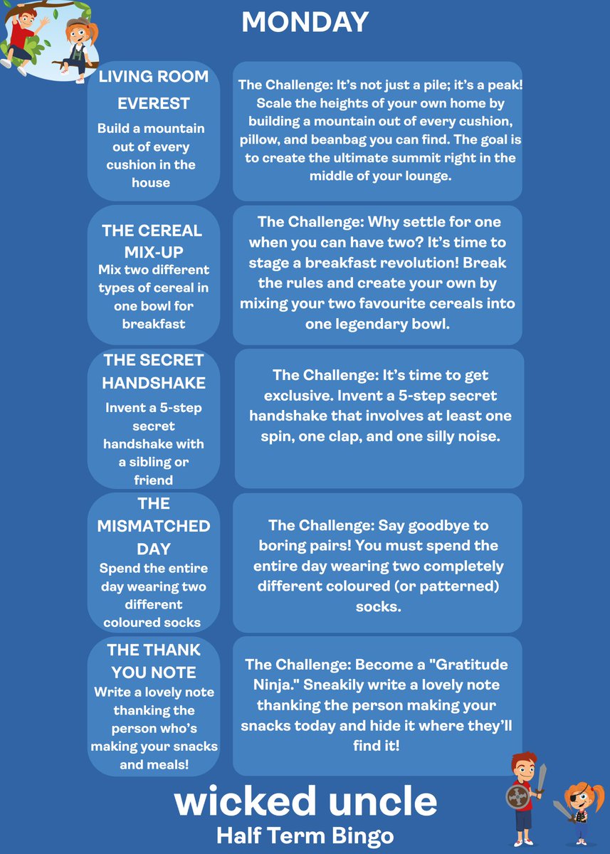 WickedUncle's tweet image. Half Term Day 1: The snacks are ready &amp;amp; the cushion mountain is calling! 🏔️

Today’s squares: ✅ Living Room Everest ✅ Cereal Mix-Up ✅ Secret Handshake ✅ Mismatched Socks ✅ Thank You Note

What’s your weirdest cereal mix-up? 👇 #WickedUncleBingo #HalfTerm #FunAndUnusual