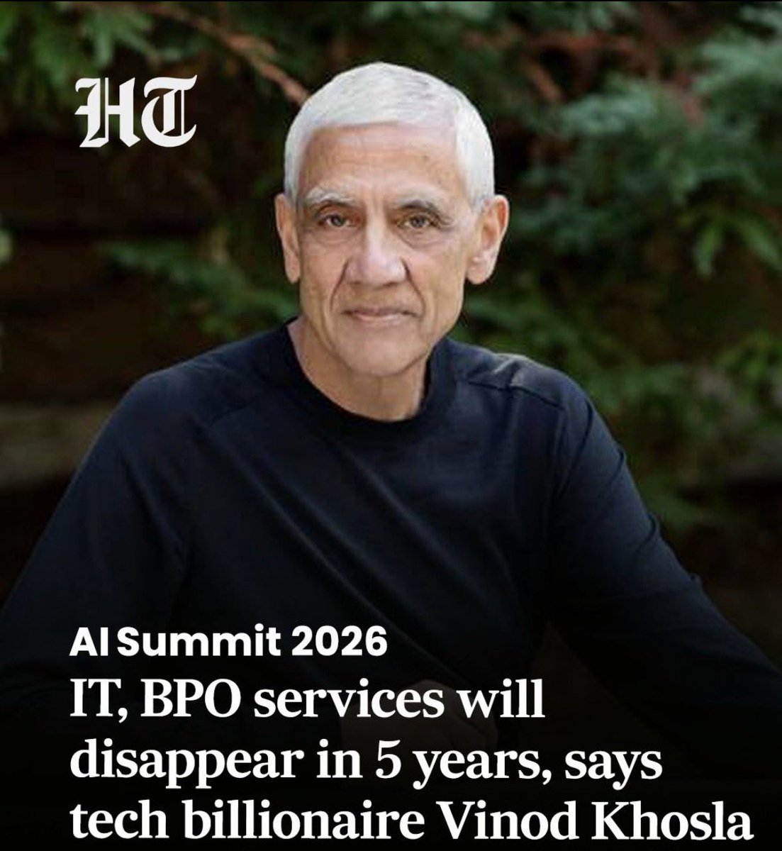 InsightHunter06's tweet image. Tech billionaire and venture capitalist Vinod Khosla has predicted that IT services and BPOs will “almost completely disappear” within five years due to artificial intelligence (AI) tools. 

Do you agree? 🤨