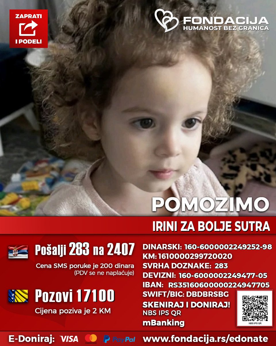 ZAPRATI NAŠ PROFIL, PODELI TVIT I POMOZI DECI!🙏
🇷🇸 Pošalji SMS: 283 na 2407
🇧🇦 Pozovi: 17100

Irina Atanasković rođena je 2022. kao zdrava beba. Do 18. meseca razvijala se uobičajeno, ali tada prestaje da govori, povlači se i gubi interesovanje za okolinu. Genetskom analizom