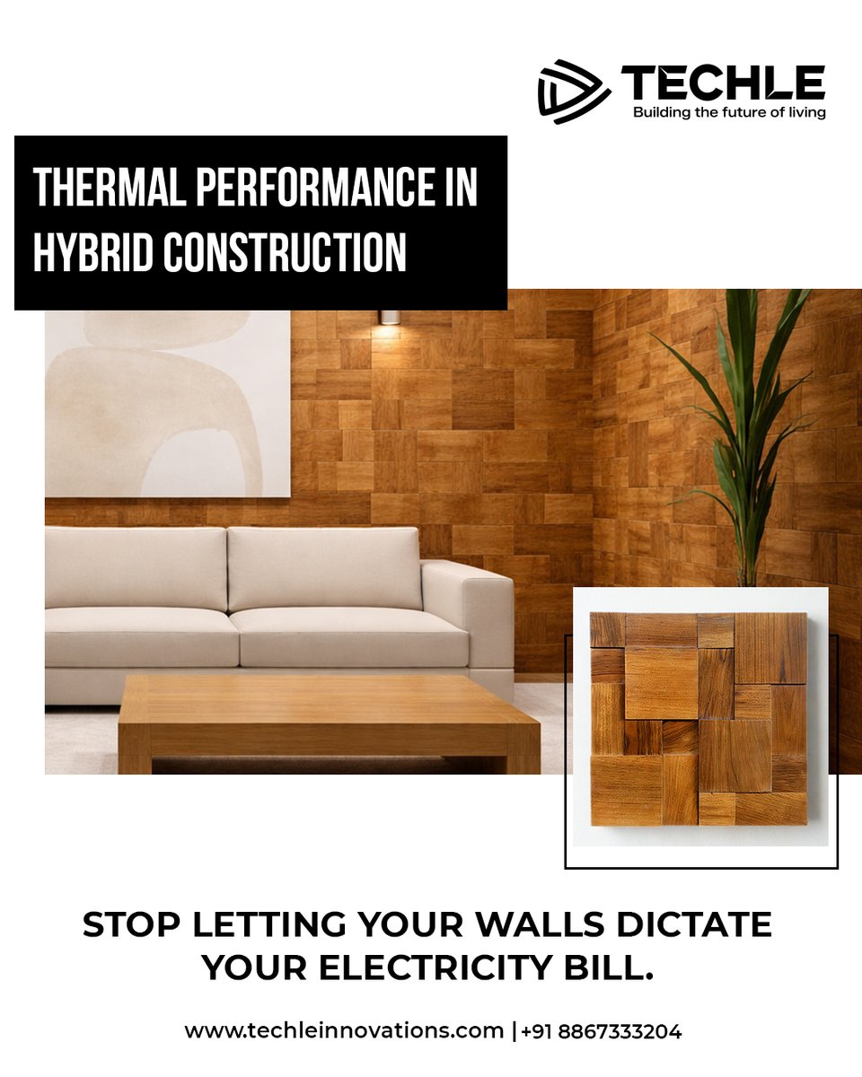 Techleindo's tweet photo. Stop letting your walls raise your electricity bill.

Concrete traps heat. Techle’s Hybrid Construction (Aluminium frames + Wooden panels) offers thermal break, natural insulation &amp; rapid cooling- perfect for Indian summers.

📞 Call Now: 8867333204

#TechleIndo #WoodleHomes https://t.co/Z5z1QU8NMH