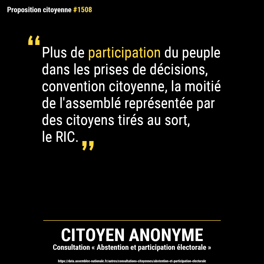 PropCitoyennes's tweet photo. Proposition citoyenne anonyme issue de la consultation « Abstention et participation électorale ».
#participation #tirageausort #démocratie https://t.co/V2ZuvUxDdP