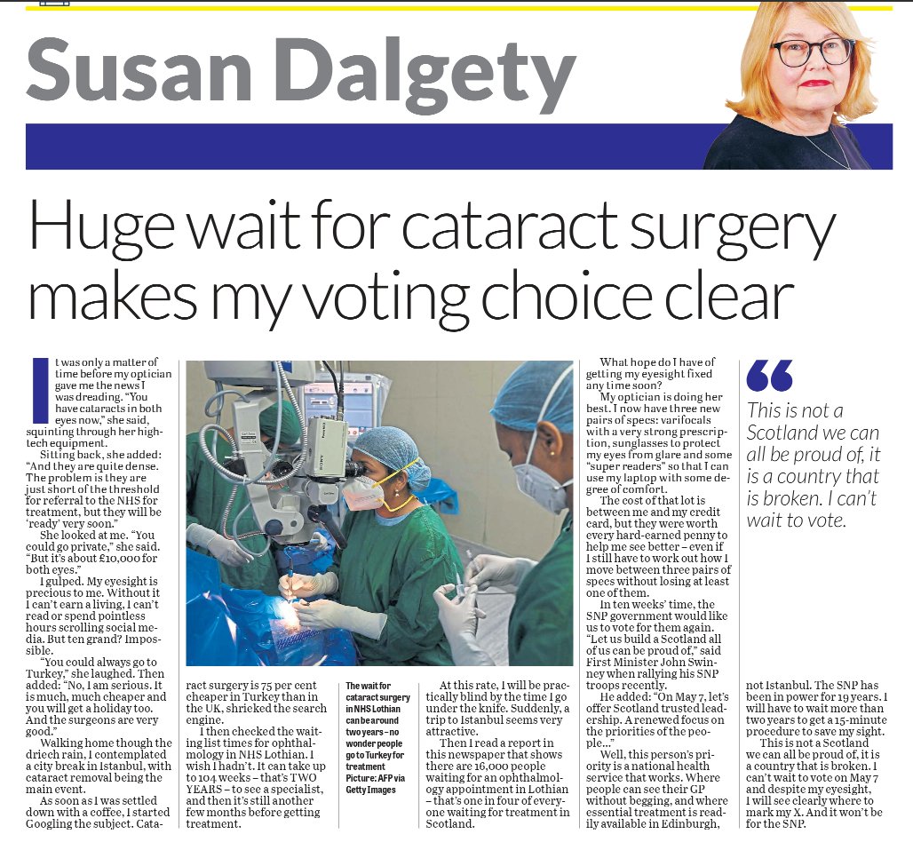 Susan Dalgety on the shameful waiting times for cateract operations in Edinburgh.

But don’t worry — the SNP is laser-focused on flags, pronouns, men in women's toilets, Palestine and Peter Mandelson.