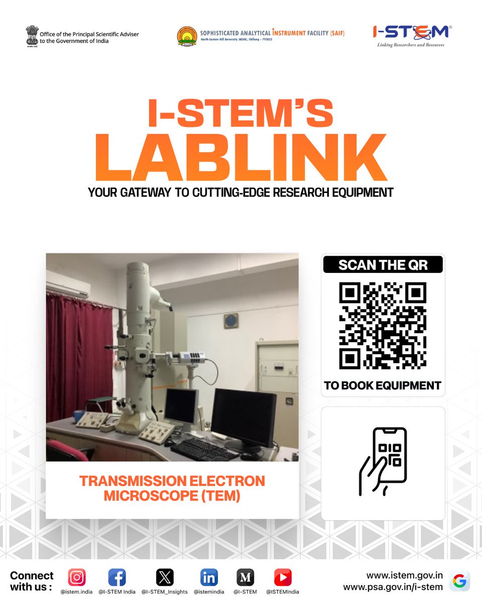 ISTEM_Insights's tweet photo. 🚀 Power your research with #ISTEM LabLink!
Access advanced facilities at SAIF, NEHU (Shillong):
Chemistry | Materials | Nano | Life Sciences
👉 Book now: https://t.co/f53EgmVrJL
#LabLink #ResearchInfrastructure #NorthEastIndia #OpenScience @PrinSciAdvGoI https://t.co/M44JzrTRJy