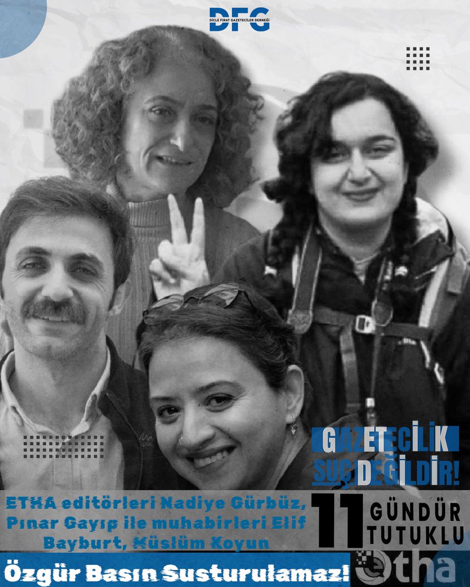 📌ETHA editör ve muhabirleri

👉Nadire Gürbüz
👉Pınar Gayıp
👉Elif Bayburt
👉Müslüm Koyun

1️⃣1️⃣ Gündür Tutuklu

#GazetecilikSucDegildir