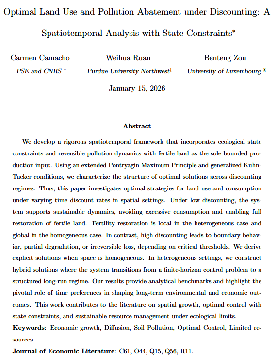 PSEresearch's tweet photo. Carmen Camacho (@PSEinfo @CNRS) and al. | Optimal Land Use and Pollution Abatement under Discounting: A Spatiotemporal Analysis with State Constraints
https://t.co/55E3lUISXP https://t.co/81z1Autl8A