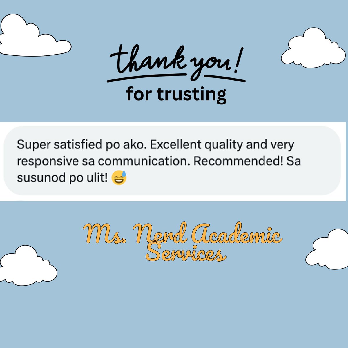𝙲𝚕𝚒𝚎𝚗𝚝 𝙵𝚎𝚎𝚍𝚋𝚊𝚌𝚔 ✅

Task: Written Report (Social Science)

Another happy client ✨ Thank you po sa support :))
#msnerdcomms #msnerd