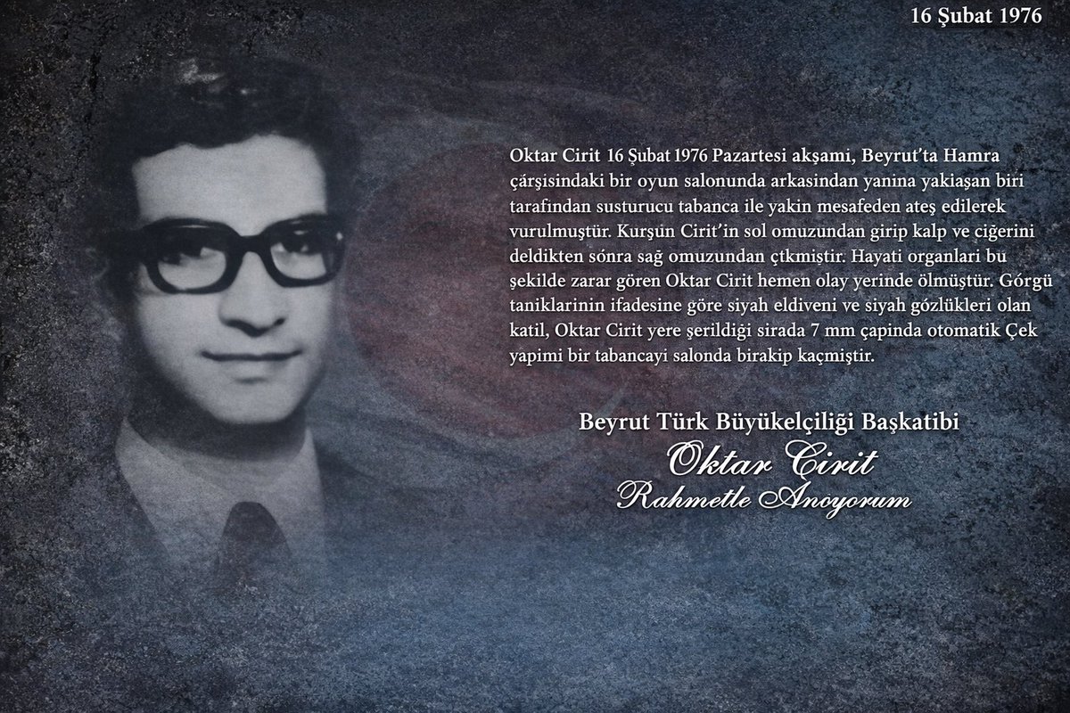 Ermeni terör örgütü ASALA tarafından 16 Şubat 1976 tarihinde gerçekleştirilen alçak saldırı sonucu şehit olan Beyrut Büyükelçiliğimiz Başkatibi Oktar CİRİT’i rahmetle anıyor, aziz hatırası önünde saygıyla eğiliyorum.

Aziz ruhu şad, mekanı cennet olsun.

Kahrolsun Ermeni terörü!