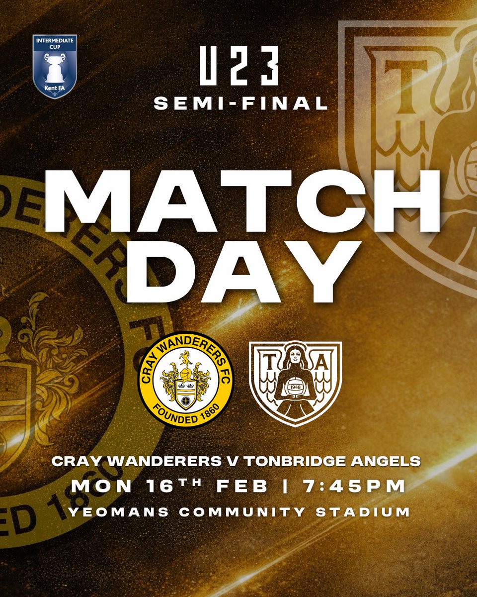 OfficialWands's tweet photo. U23 SEMI-FINAL 🏆

The Wands 23s are one game away from the Final as we take on Tonbridge Angels this evening. 

🆚 Tonbridge Angels
📅 Monday 16th February
⏰ 7:45pm
📍 Yeomans Community Stadium

See you there. 
⚫️🟡

#cwfc #craywanderersfc #u23s #kentfa https://t.co/ZiVvldJEqS