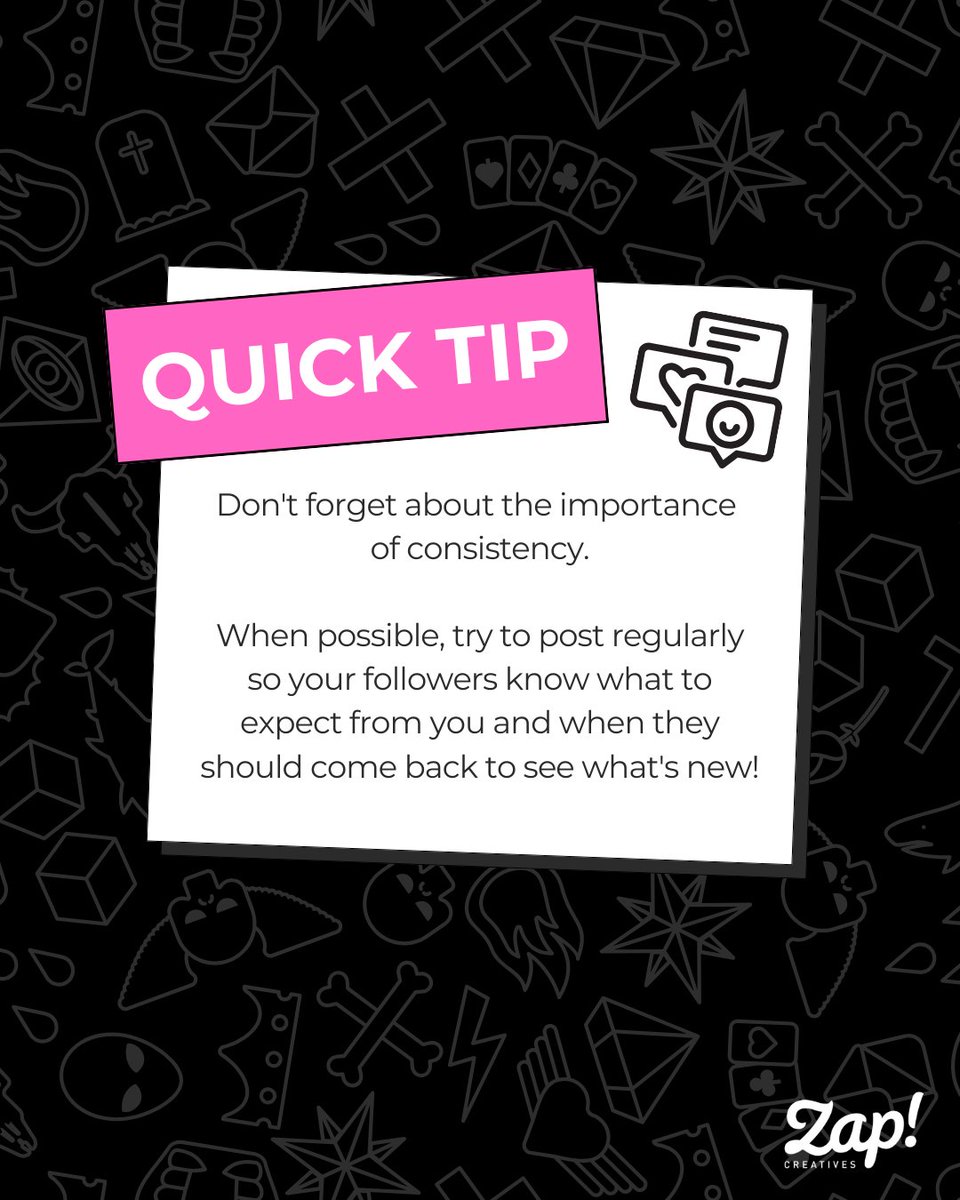 ZapCreatives's tweet image. Quick Tip!

Don't forget about the importance of consistency.

When possible, try to post regularly so your followers know what to expect from you and when they should come back to see what's new!

#tips #list #smallbusiness #tasks #fyp #tipsandtricks