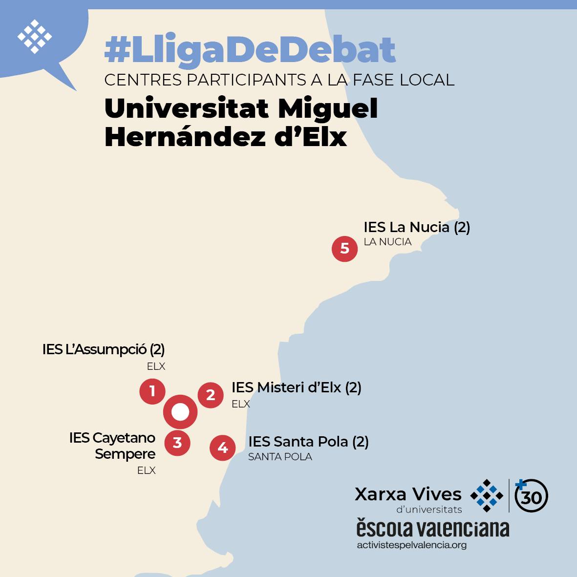 «Estem davant d'una joventut més masclita?». L'enhorabona a tots els equips pels grans debats de la setmana passada en la Lliga de debat de secundària i batxillerat de la Xarxa Vives 2026. I sobretot a l'equip de l'<a href="/iesmisteridelx_/">IES Misteri d'Elx</a>, el finalista d'aquesta fase local de la UMH.