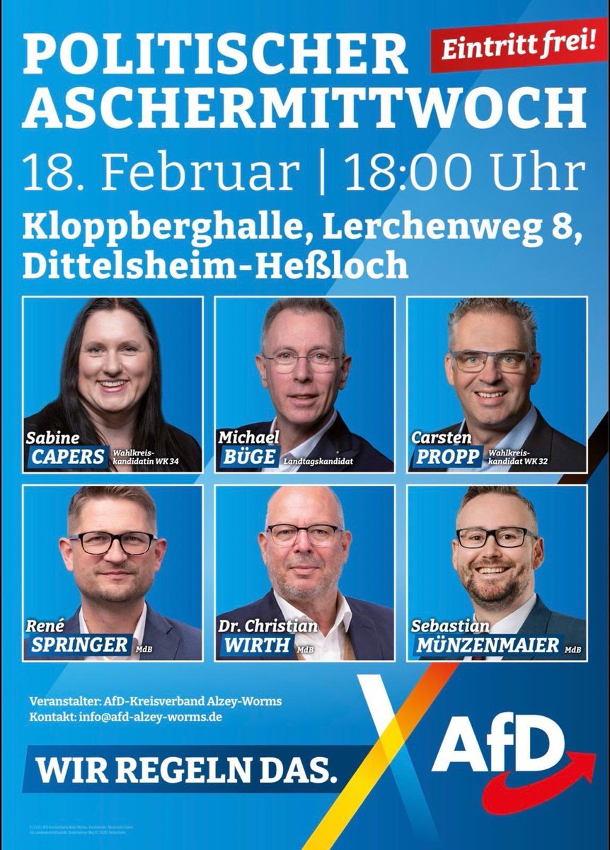 🔥 Politischer Aschermittwoch – Klartext statt Floskeln!

Am 18. Februar um 18:00 Uhr treffen wir uns in der Kloppberghalle in Dittelsheim-Heßloch.

Mit dabei sind Sabine Capers, Michael Büge, Carsten Propp, Dr. Christian Wirth, Sebastian Münzenmaier – und ich.

Wir sprechen über