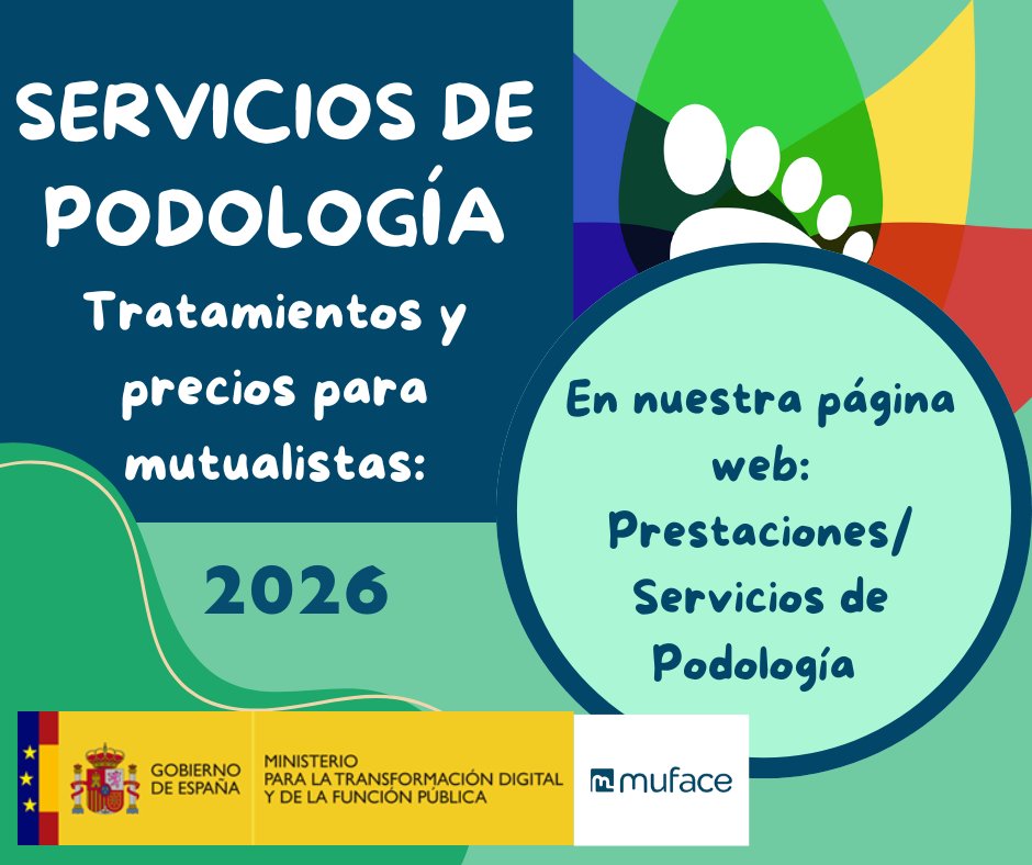 SERVICIOS DE #PODOLOGÍA, TRATAMIENTOS Y PRECIOS PARA MUTUALISTAS 🦶

🤔¿Conoces las condiciones de nuestro convenio con <a href="/CGPodologos/">Consejo General de Colegios Oficiales de Podólogos</a> en tu comunidad?

ℹ️en muface.es/prestaciones/s…

<a href="/mintradigital/">Ministerio Transformación Digital Función Pública</a> <a href="/sae_fsc_ccoo/">SAE FSC-CCOO</a> <a href="/CSIFnacional/">CSIF Nacional</a> <a href="/UGT_SP/">UGT Servicios Públicos</a> <a href="/galizaCIG/">CIG</a> <a href="/clasespasivas/">Clases Pasivas</a>