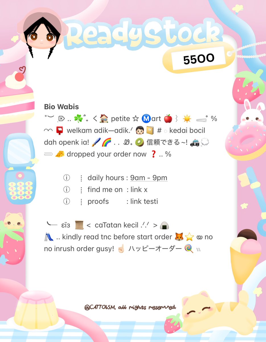 CATTOlSM's tweet image. ⣠ ︵  ♥︎  help repost?  tysm &amp;lt;3 ⭐️🎀  𓂅

◠  ⢸⠀ alline ada 4 wording  bio  wabis  kidcore  &amp;amp;  cute  ready  stock. . 🎶🍏  𓂃 . εїз   hanya  55OO.ᐟ.ᐟ  &amp;gt;___%   💬👧🏻   ▷  ketuk  DM  sekarang. . ✋🏻 ₊˚𓂂

☆ —— scroll down for more! . . 🐈💧
zonauang  %  zonajajan  %  zonaba