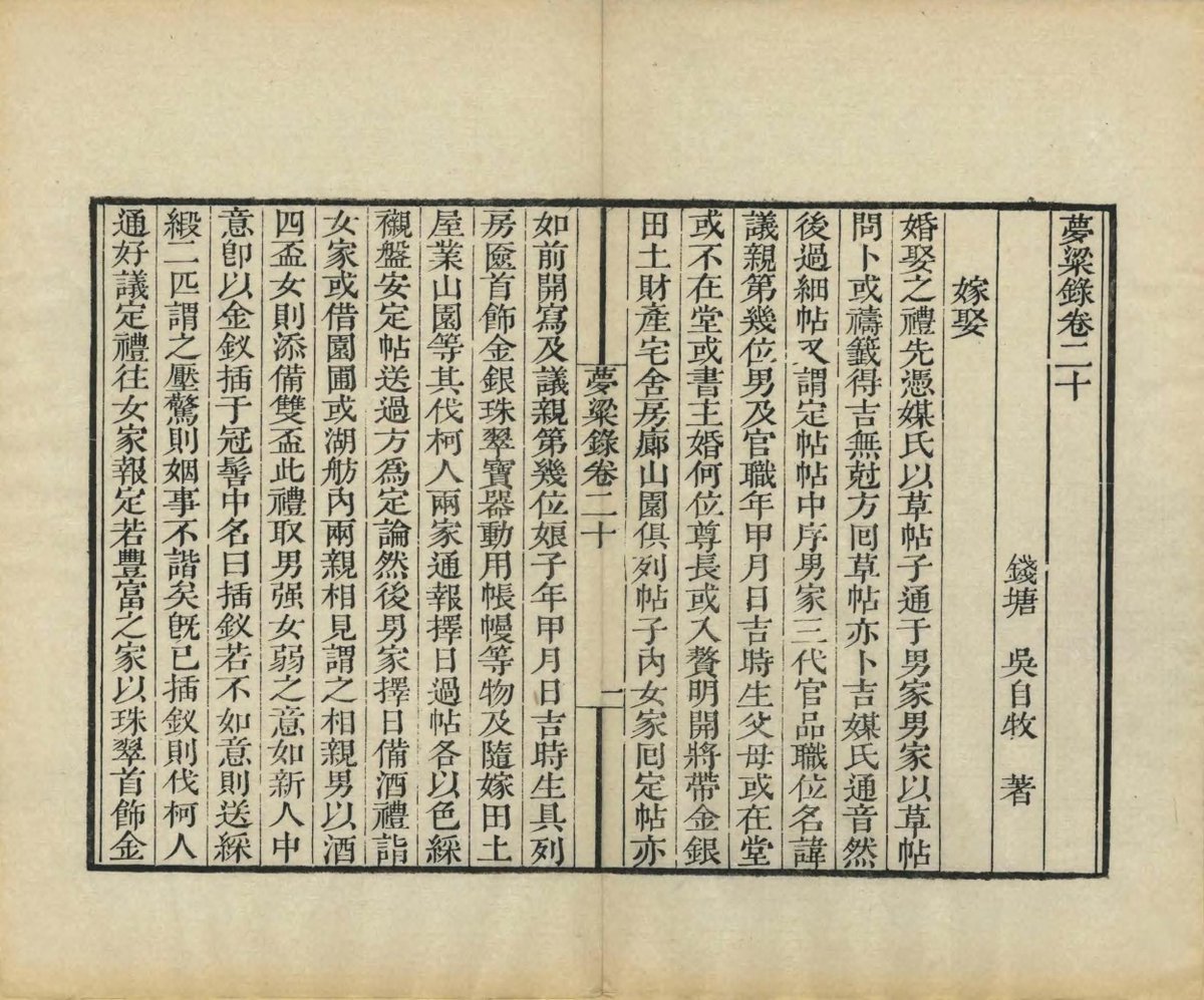 shugeorg's tweet image. 此《梦粱录》由南宋吴自牧撰。全书共二十卷，其仿效《东京梦华录》体例，记载了南宋都城临安（即今杭州）的地理与建筑、岁时与祭祀、社会管理与经济、民生与娱乐等内容。该书是了解南宋城市面貌、手工业活动、商业发展等情况，提供了较丰富的史料。此为清末刊本。介绍下载：shuge.org/view/meng_lian…