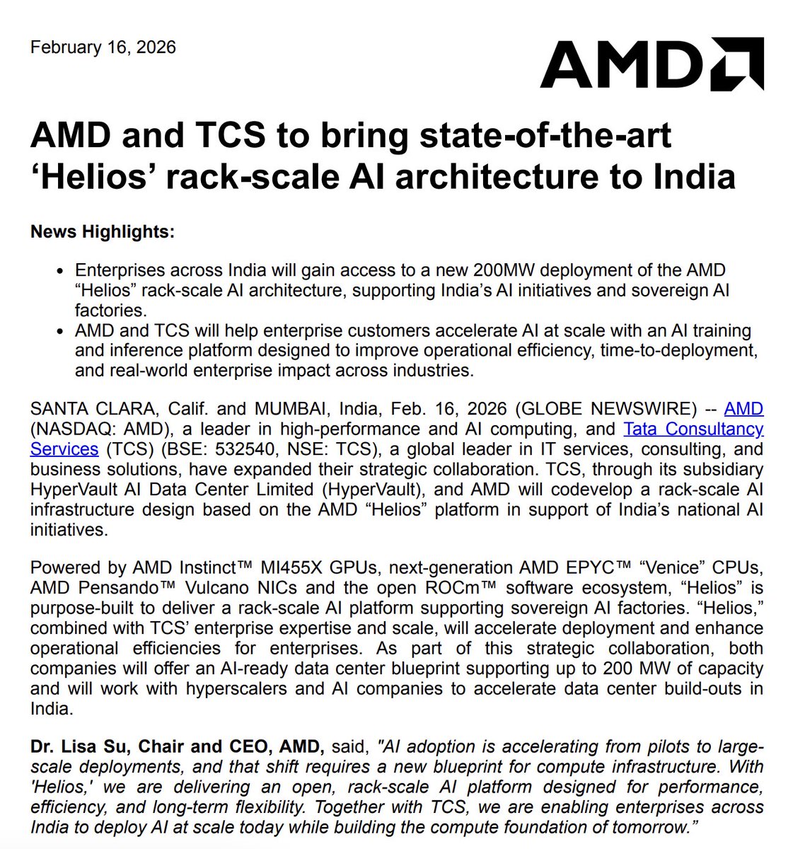 $AMD is partnering with Tata Consultancy to deploy AMD's latest AI data center technology in India 🇮🇳
