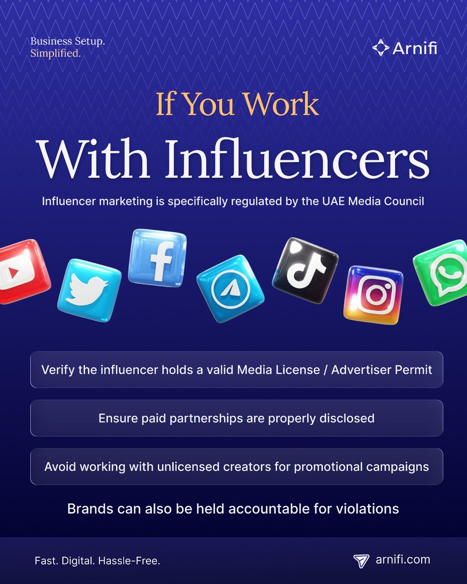 Arnifiofficial's tweet image. Planning brand promotions in the UAE? 

From paid social media campaigns to influencer partnerships and sponsored collaborations, businesses must now hold an approved Advertiser Permit. 

#UAEBusiness #UAECompanies #UAERegulations #trending #UAEvisa #dubaitrends