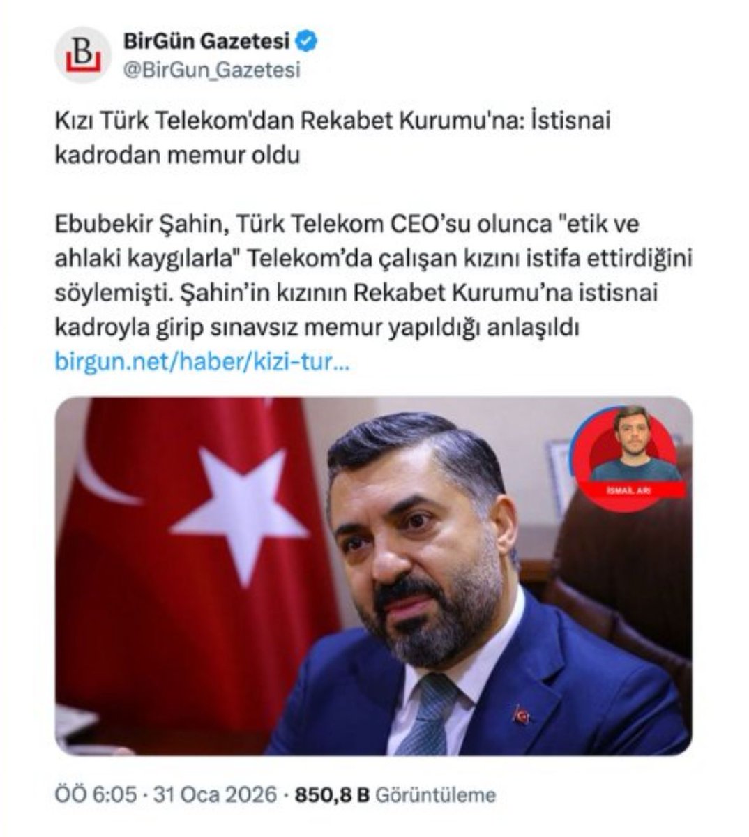 İki hafta önce “Ebubekir Şahin’in kızının sınavsız memur yapıldığını” haber yaptık. 

Bu habere ışık hızından erişim engeli getirip yok ettiler

Şimdi de Şahin’in şikayetiyle hakkımda ışık hızında soruşturma açıldığını öğrendim ve ifade verdim

Elinden gelse idam ettirecek!