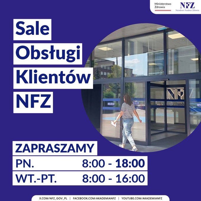 🕕 W każdy poniedziałek #WielkopolskiNFZ czeka na Was w Salach Obsługi Klientów aż do 18:00!

🎟️ Numerki można pobierać do 17:30

👷‍♀️ Pracujemy dłużej, by ułatwić Wam załatwianie spraw po pracy.