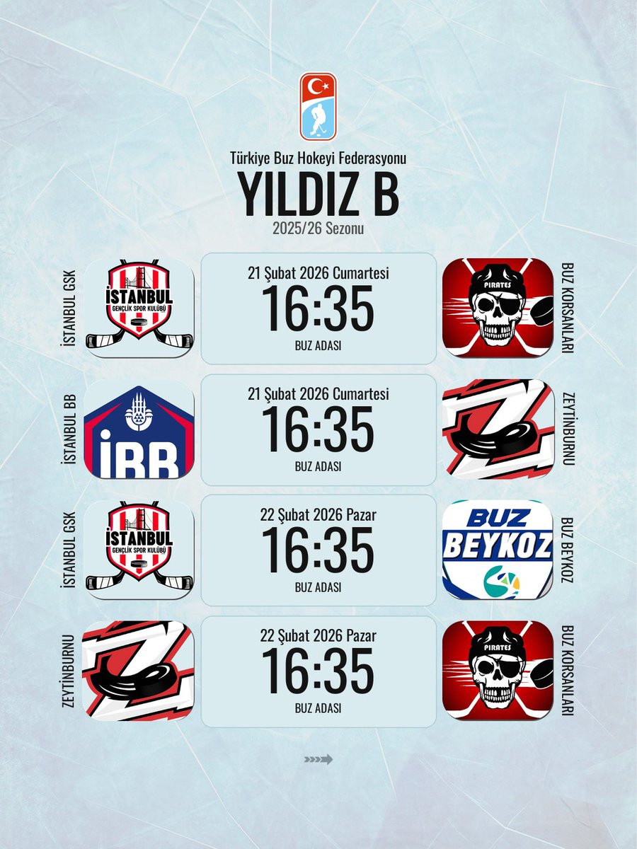 Haftanın Maçları! 👉

Erkekler Süper Lig, U20 Genç Erkekler Ligi, Yıldız A ve Yıldız B Ligi karşılaşmaları; İstanbul (Zeytinburnu Buz Adası) ve Erzurum (3000 Kişilik Buz Pisti)’nde gerçekleştirilecektir.

📅 16 – 22 Şubat 2026 tarihlerindeki detaylı maç programına görselleri