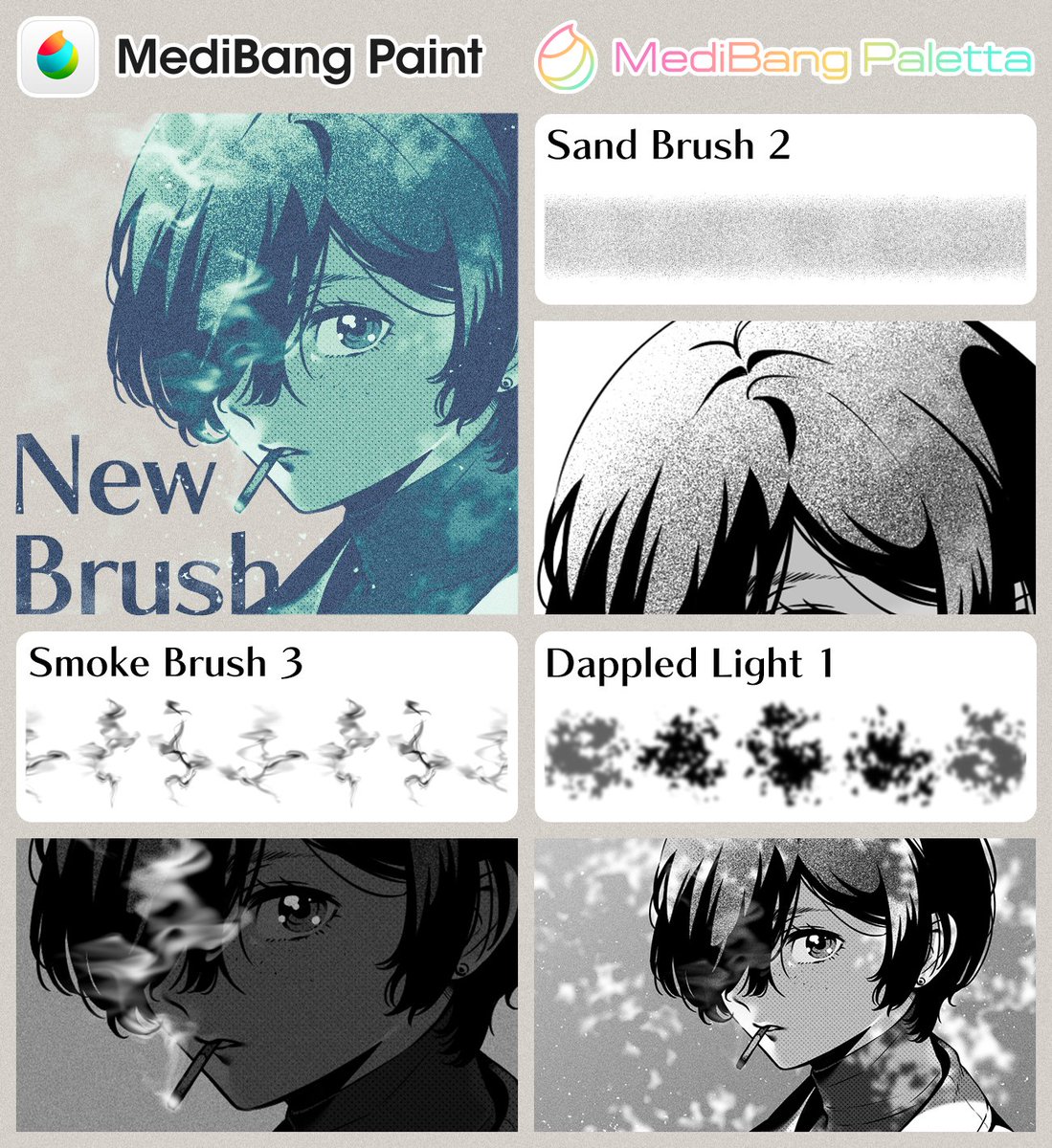 MediBangPaint_e's tweet image. #PleaseShare

／
Today, 3 new brushes have been added to MediBang Premium 🎁
Just stamp and use! New effect brushes are here ❣️
＼

👑 MediBang Premium subscribers
👑 Paid version users of MediBang Paint for Desktop
👑 MediBang Palette (iPad/iPhone) users
can start using them