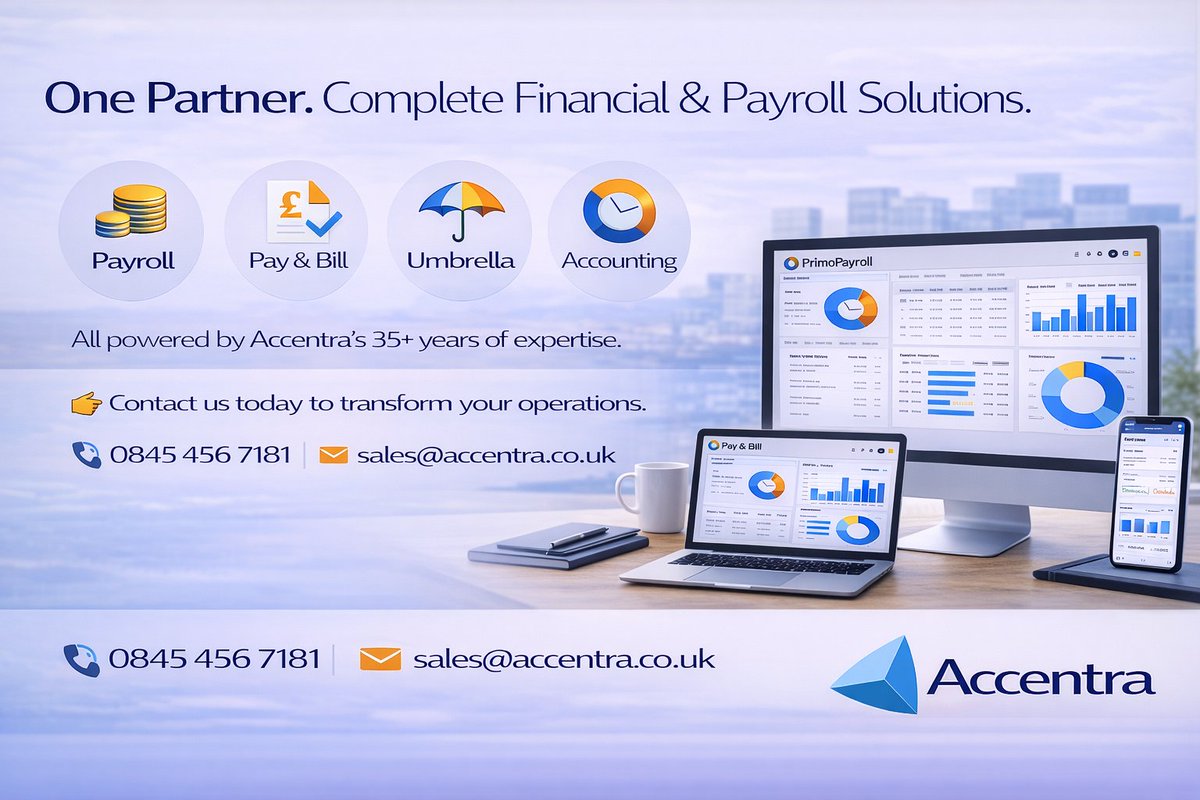 accentratech's tweet photo. One Partner.
Complete Financial &amp; Payroll Solutions.

👉 Contact us today to transform your operations.

📞 0845 456 7181 ✉️ sales@accentra.co.uk
#PayrollSoftware
#UmbrellaPayroll
#PayAndBill
#AccountingSoftware
#UKBusiness
#RecruitmentAgencies
#HMRCCompliant
#FinancialTechnology https://t.co/xV8nlHajFV