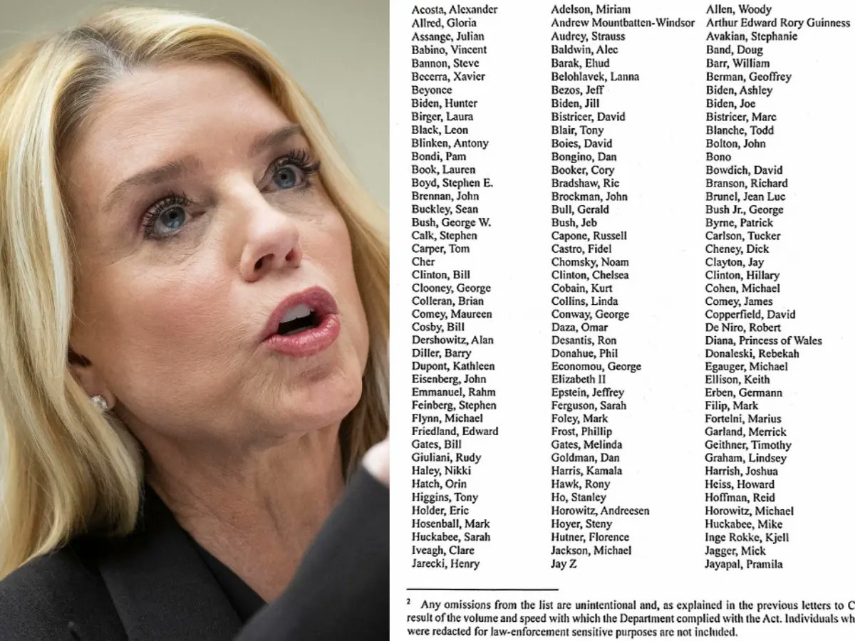BREAKING: Attorney General Pam Bondi released a list of 300 politicians and prominent people who were named in the Epstein files, per NYP.

The list of American politicians in the new release includes the names of US President Donald Trump and First Lady Melania Trump, Ivanka