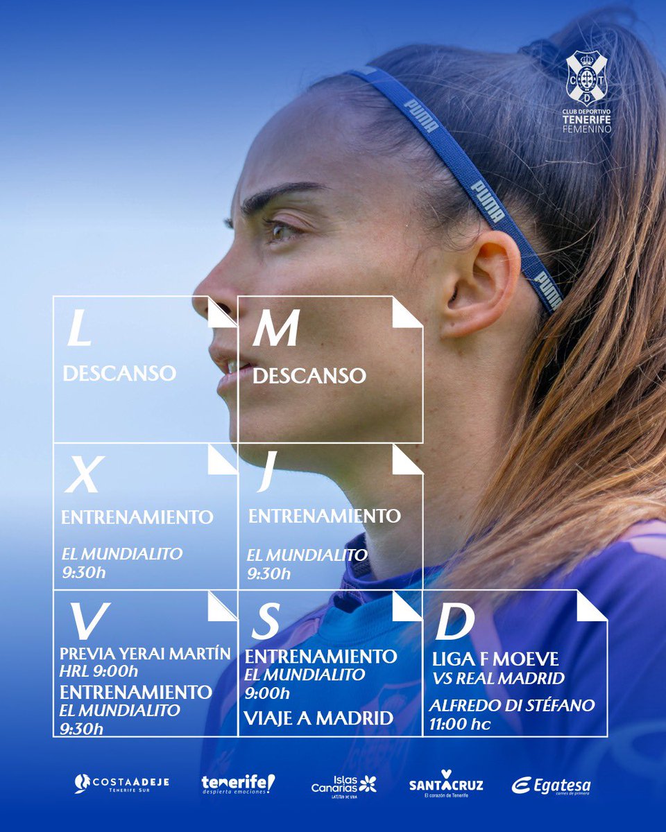 🤍💙 |PLANNING SEMANAL|

📍La semana de entrenamientos de la plantilla blanquiazul para visitar al Real Madrid 💪🏻

#UnMismoLatido #CostaAdejeTenerife #CDTFemenino