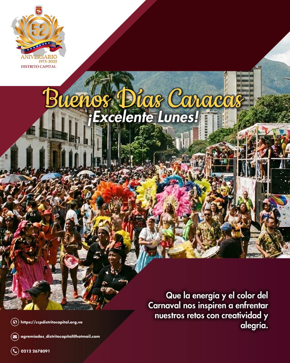 🎉 Buenos Días Caracas 🎉

✨️ Excelente Lunes ✨️

Que la energía y el color del Carnaval nos inspiren a enfrentar nuestros retos con creatividad y alegría. Que el ritmo de estos días se traduzca en productividad y buen ambiente laboral.