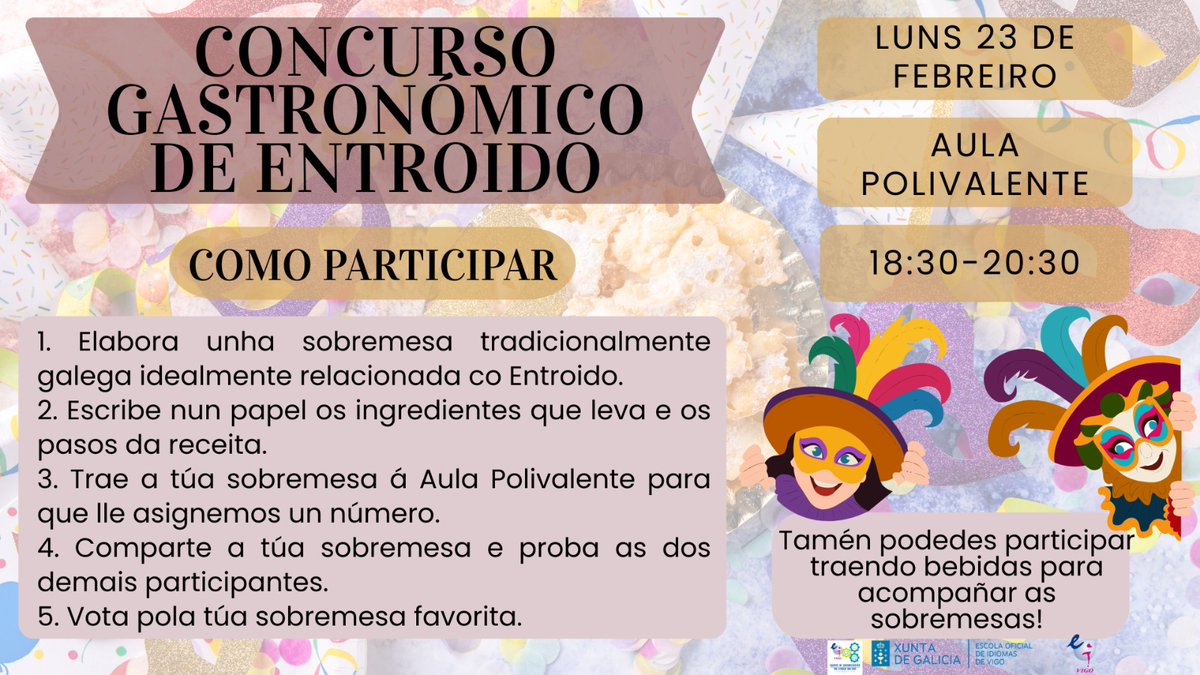 🥞Se che gustan as sobremesas de Entroido, non perdas esta oportunidade! Únete ao equipo do EDLG o luns 23 de febreiro na Aula Polivalente de 18:30 a 20:30 e participa no concurso gastronómico de Entroido. Trae a túa sobremesa, xunto cos ingredientes e os pasos da receita.🏆