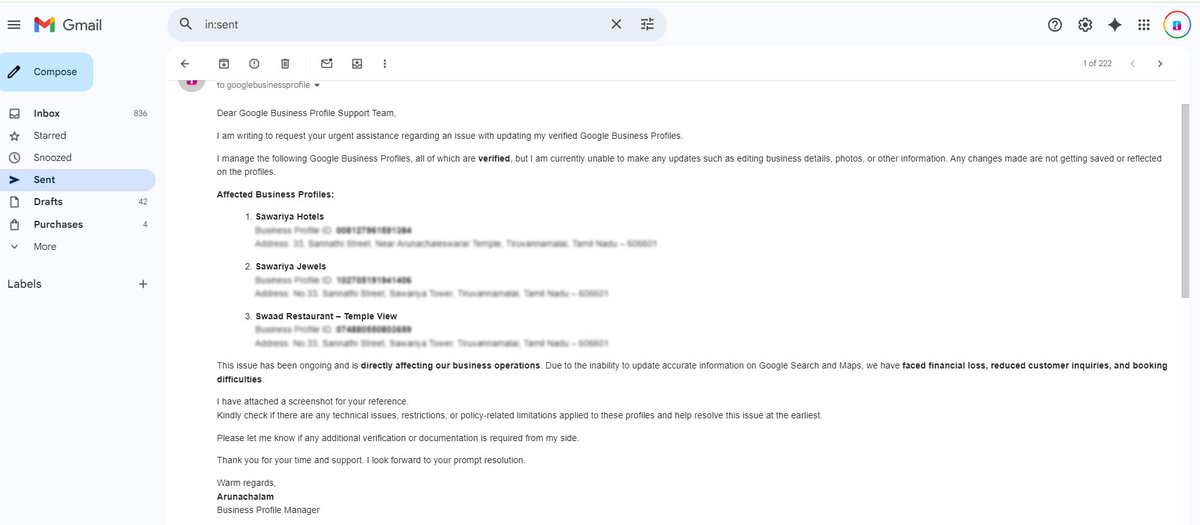 ideasofficials's tweet image. @GoogleMyBiz @GoogleIndia 
Verified profiles for Sawariya Hotels &amp;amp; Swaad Restaurant (Tiruvannamalai) can’t be updated. Changes don’t reflect on Search/Maps, causing customer &amp;amp; revenue loss.
Need urgent support. 🙏#helpgoogle