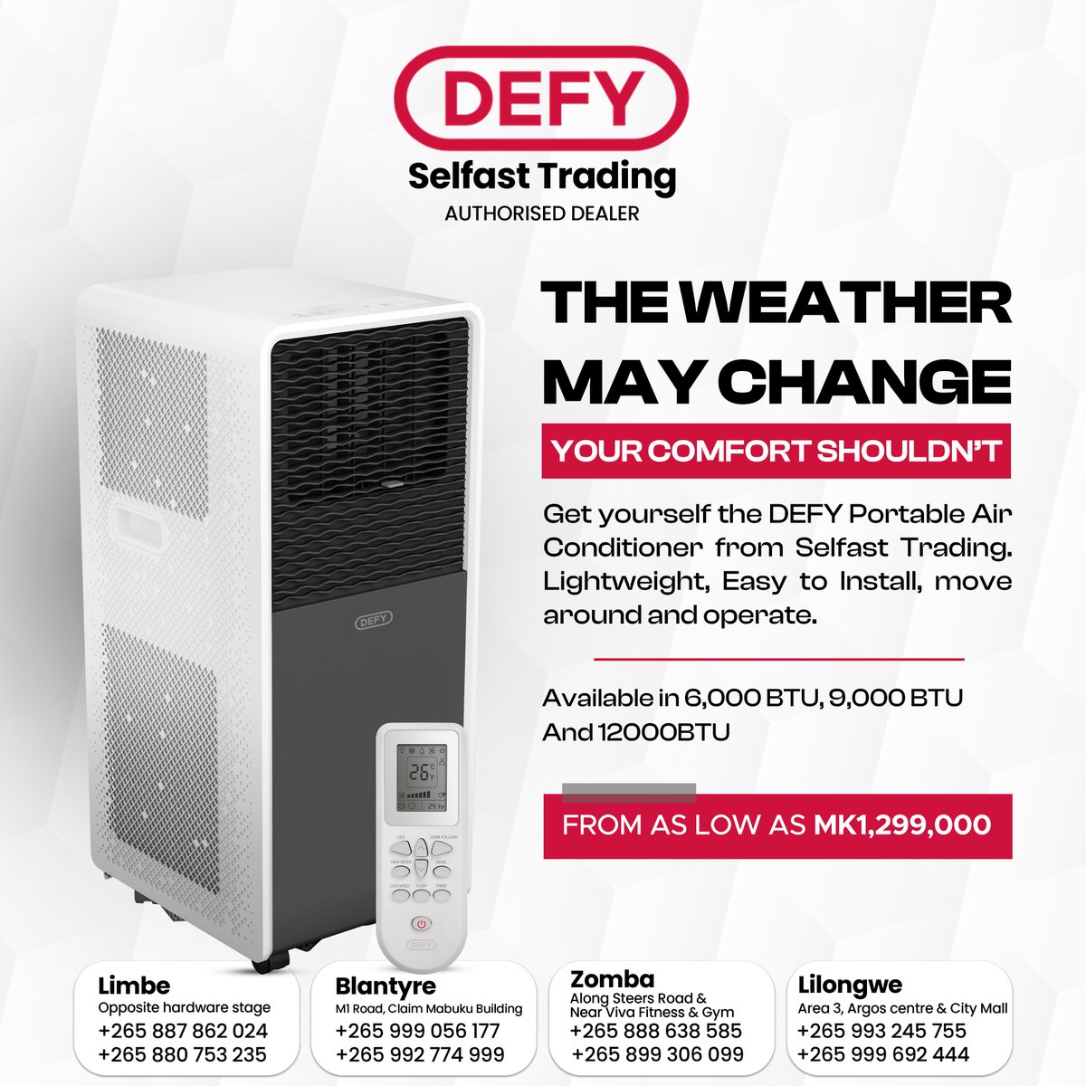 DefyMalawi's tweet photo. Weather changing again? 
Stay cool and comfortable wherever you are with the DEFY portable air conditioner available now at Selfast Trading! https://t.co/upMwTaOSxb