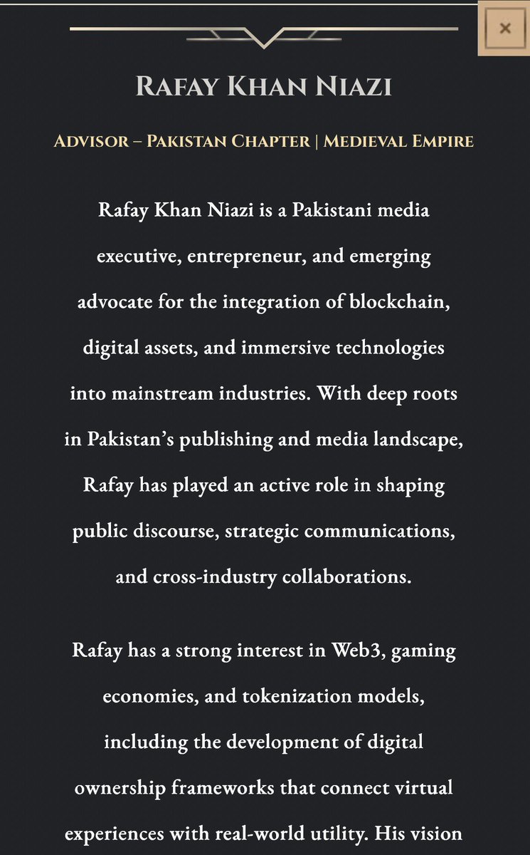 Appointed Advisor - Pakistan Chapter, Medieval Empire. Bridging traditional media with blockchain, gaming, and tokenized ecosystems. Expansion mode activated.