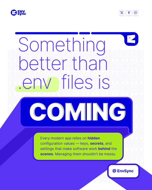envsync's tweet photo. “.env.final.v3” shouldn’t be a workflow.

#EnvSync #DevLife #Developers #SoftwareDevelopment #DevTools #SecretsManagement #AppSecurity #StartupLife #BuildInPublic https://t.co/KUjMH6VfEu