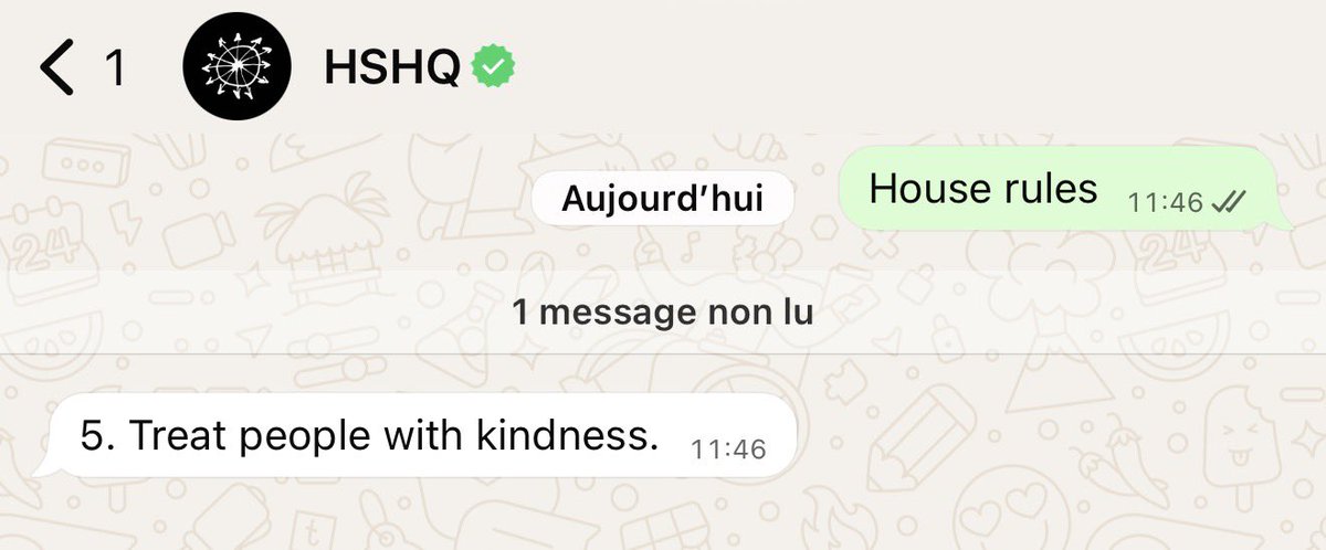 HSHQ via WhatsApp 

“House rules”
⬇️
1. Respect your mother! 
2. Get your feet wet.
3. Make sure there’s dancing.
4. Drink water all the time.
5. Treat people with kindness
