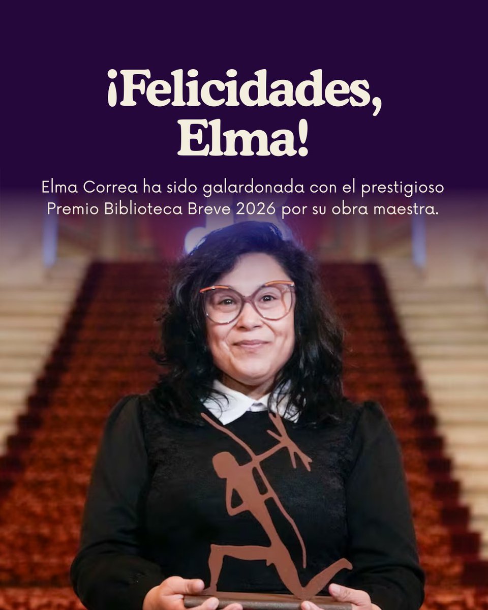 Elma Correa ha sido galardonada con el prestigioso Premio Biblioteca Breve 2026

alquiblaweb.com/2026/02/16/elm…

<a href="/Seix_Barral/">Seix Barral</a>  <a href="/Planetadelibros/">PlanetadeLibros</a>  <a href="/elma_aurea/">Elma Correa</a> 

#ElmaCorrea #SeixBarral #LiteraturaContemporánea #LiteraturaEnEspañol #Escritoras #EscritorasMexicanas #LibrosRecomendados