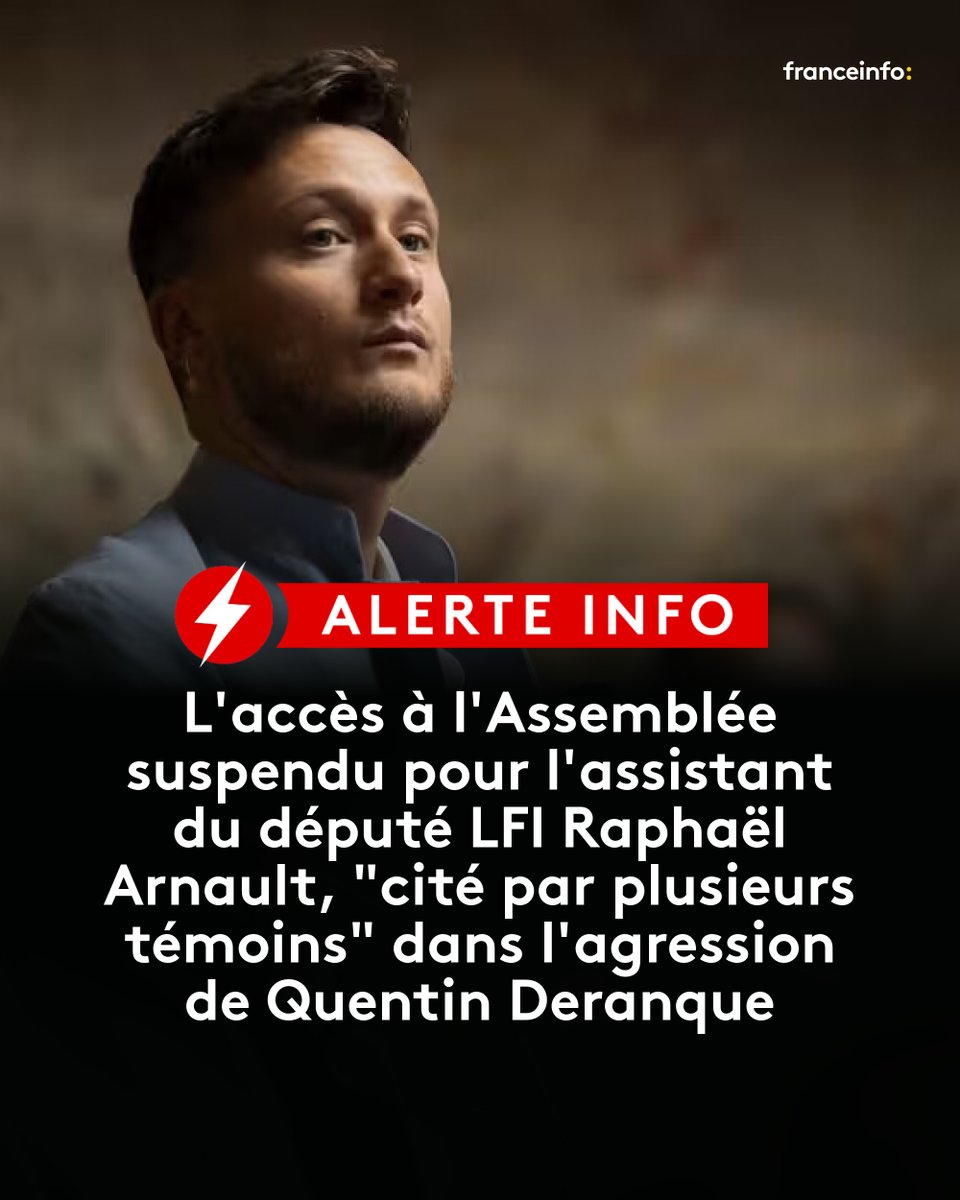 ⚡🔴 ALERTE INFO - L'accès à l'Assemblée suspendu pour l'assistant du député LFI Raphaël Arnault, "cité par plusieurs témoins" dans l'agression de Quentin Deranque
➡️ l.franceinfo.fr/oF8