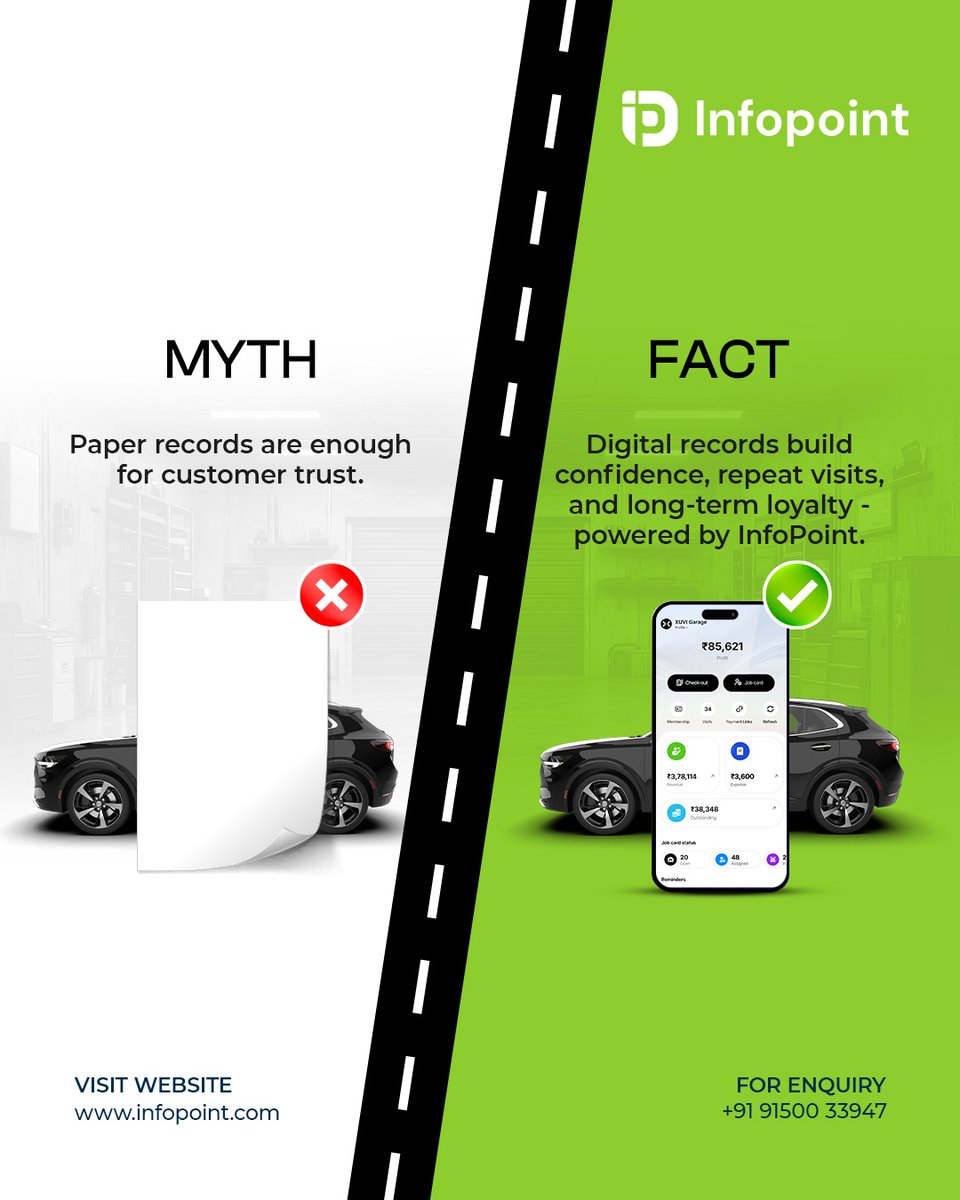 infopointxuvi25's tweet image. In today’s competitive market, digital records create transparency, improve service history tracking, and turn one-time visitors into loyal customers powered by InfoPoint.
Upgrade your garage operations today at infopoint.com
#infopoint #GarageManagement #DigitalGarage