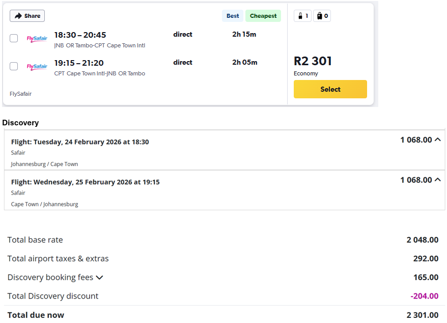 kpdarshi's tweet photo. @SoulFairy3 @lesofthelight @Discovery_SA I just compared the cheapest available flight, and the price is the same as the normal 10% discounted rate. Without any discount, Discovery would be more expensive.

With my current discount, I’ll pay only R936 compared to R2,301 — that’s a massive difference. https://t.co/DeTDClZSVD